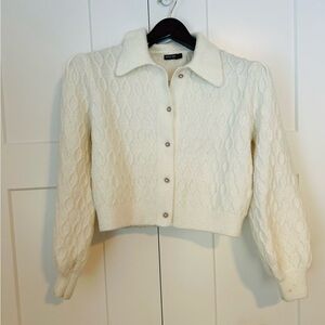 Nasty Gal Cable Boxy Through Ivory Knit Cardigan with Pearl buttons S